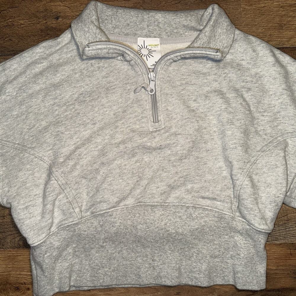 OFFLINE by Aerie Heather Gray Quarter Zip Cropped Long Sleeve Size M
